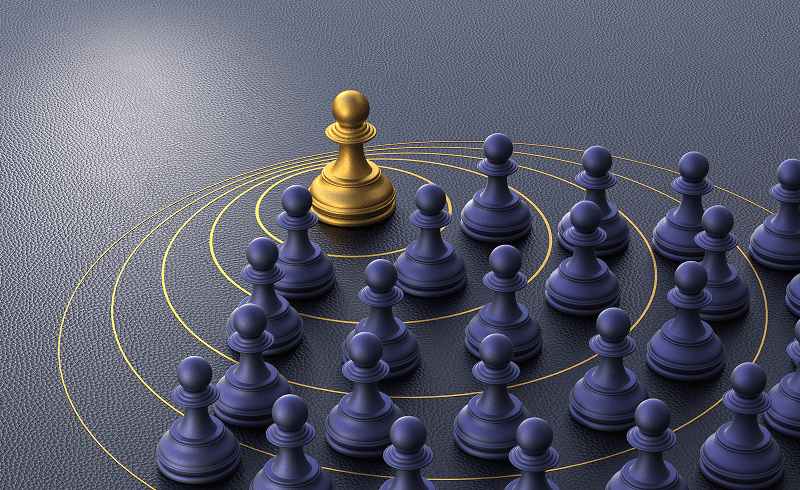 Golden chess pawn surrounded by blue pawns.