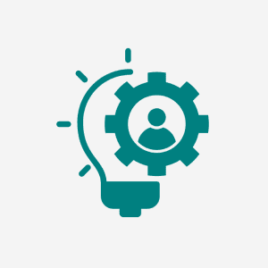 Lightbulb and gear with person icon.